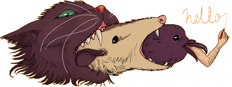 A cat, an opossum, a Leach's storm petrel, and a human arm holding a pencil, one thing 
emerging from the last thing's mouth. The arm writes 'hello.'