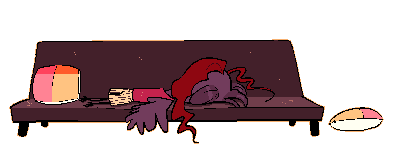 My avian fursona, Winslow. a cartoon bird asleep on a futon with a couple of pillows